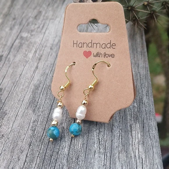 Turquoise & Pearl Dangle Earrings - Picture 3 of 4